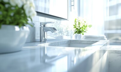 Modern bathroom sink, flowers, bright light, clean design, home decor