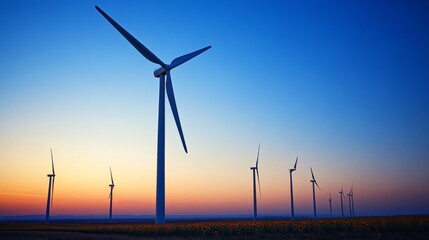 Obraz premium Wind turbines stand in sunflower fields during a vibrant sunset. The blue sky contrasts with the orange light. This wind park provides alternative energy. 