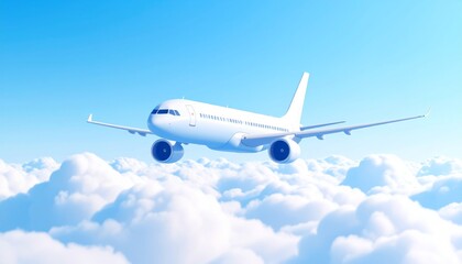 Obraz premium a modern airplane flying through high altitude clouds, isolated aircraft, soft blue gradient sky background