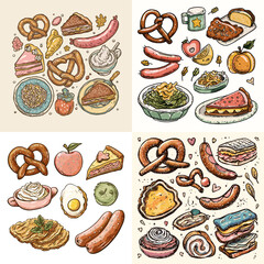 Hand-drawn German food icons featuring pretzels, sausages, pies, mustard, and traditional dishes. Rich in color and cultural identity, perfect for themed food artwork.


