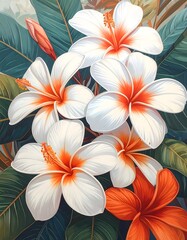 Fototapeta premium Vibrant Tropical Hibiscus Flowers with Lush Green Leaves