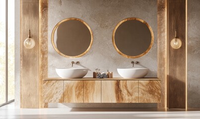 Modern bathroom with double sinks, wood vanity, and natural light.  Use Interior design, home decor