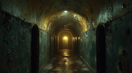 Abandoned, dimly lit hospital corridor