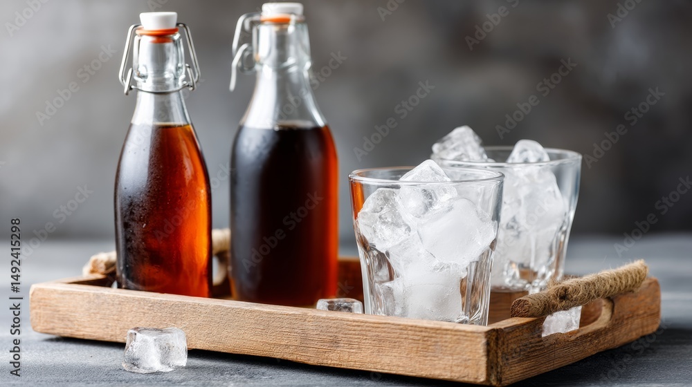 Poster tray with two bottles of soda and two glasses of ice water. the tray is wooden and has a rustic feel