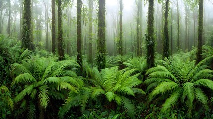 Obraz premium Lush Green Ferns in Misty Forest Landscape Surrounded by Tall Trees and Fog