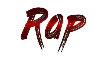 3D blood red word design of Rap on white background.	