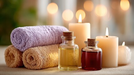 Luxury bathroom vibe: folded towels, spa soap, marble surface, white wall