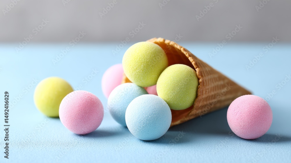 Poster colorful assortment of small balls are piled into an ice cream cone. the balls are of different colo