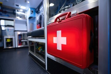 Red first aid kit in ambulance interior