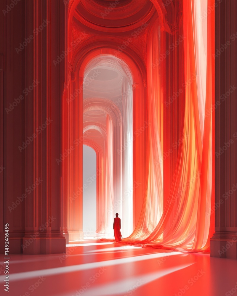 Poster person walking in red corridor with arches and flowing fabric artistic rendering perspective view