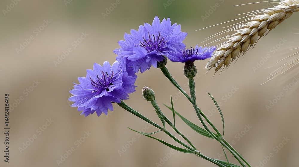 Poster bunch of purple flowers are in front of a field of wheat. the flowers are in full bloom and are the 