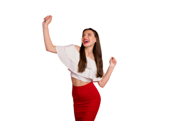 Portrait of her she nice-looking attractive lovely fascinating feminine careless carefree cheerful cheery positive lady having fun clubbing isolated on bright vivid shine red background