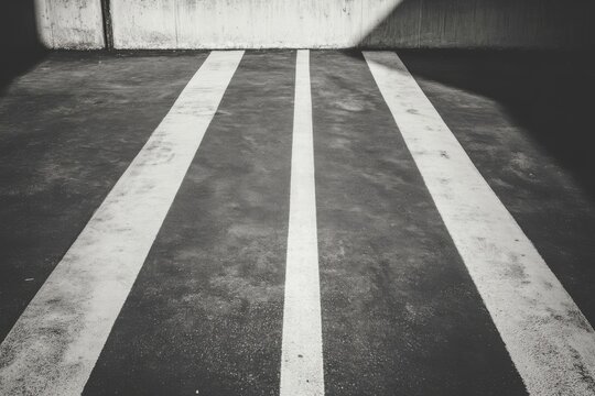 Fototapeta Three White Stripes on Asphalt Pavement in Urban Setting Low Angle View Monochrome Street Photography