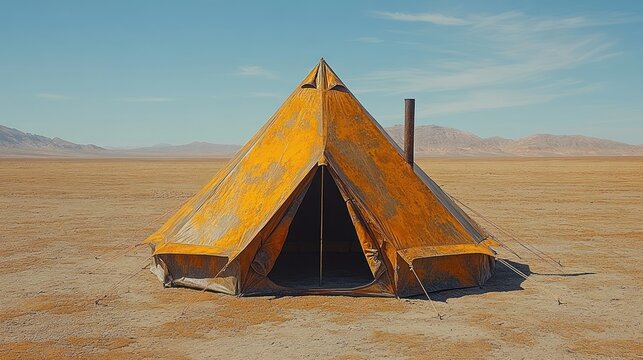 Abandoned rusty orange tent in a vast, arid landscape