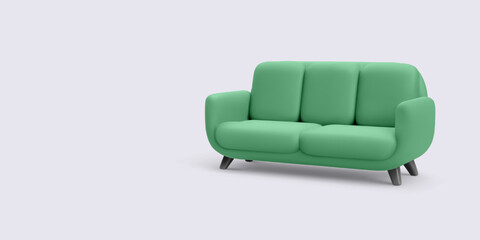 Modern Green Sofa With Soft Cushions And Wooden Legs In 3d Minimalist Style On Light Background. Ideal For Interior And Furniture Concepts. Vector Illustration.