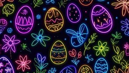neon doodle art of easter theme, glowing eggs and flowers in vivid colors, whimsical spring festival atmosphere