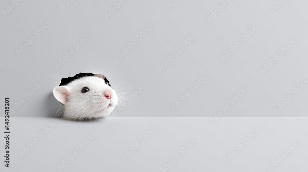 Poster white mouse is peeking out from a hole in a wall. the mouse is looking at the camera, and the hole i