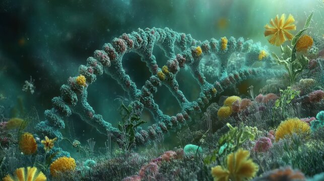 DNA molecule structure in surreal ecosystem macro view science illustration biology genetics research medicine