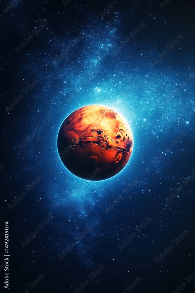 Poster mars in deep space digital art vertical shot with stars and blue nebula background for science and e