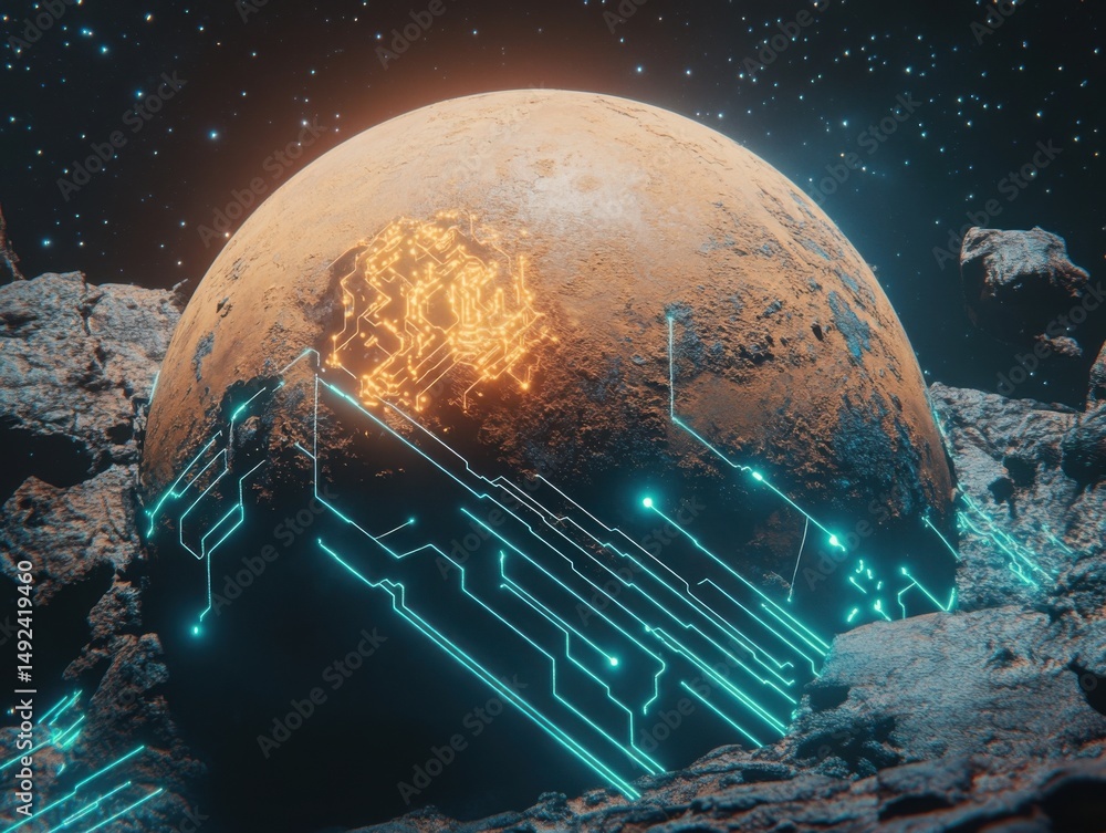Poster futuristic planet with glowing circuit board and lines on rocky surface in outer space digital art