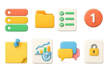 Business and productivity 3d icons set – modern, workflow, digital organization tools