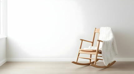 Light Wooden Rocking Chair With White Blanket In Simple Room