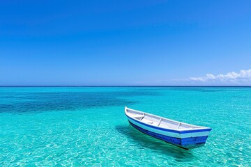 Fototapeta premium Vintage wooden boat on quiet beach with clear water