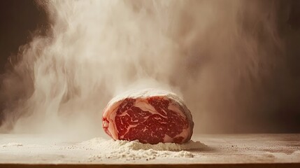 Raw steak resting on a wooden surface with flour and smoke creating a dramatic effect