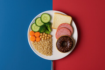 A plate divided between healthy vegetables, grains, and chickpeas on one side and processed foods like bread, salami, and a donut on the other, on a split blue-red background.