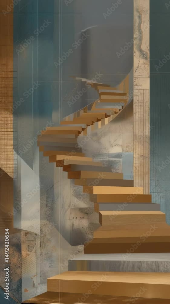 Poster wooden staircase floating in the air in a surreal dreamlike setting with abstract blue and gray back