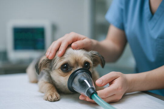 A small dog receives oxygen therapy from a vet, lying on an examination table in a veterinary clinic.