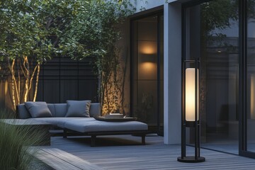 Stylish outdoor patio area at dusk with modern lighting.