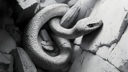 Serene White Snake Curled Among Textured Cracked Rocks in Monochrome Setting