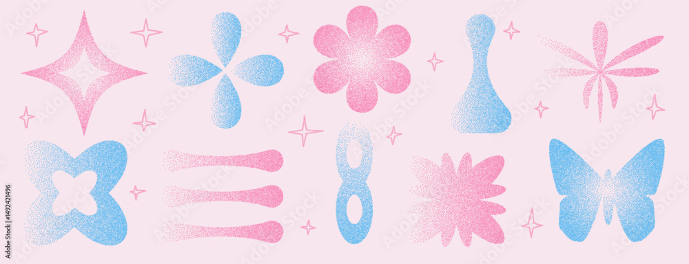 Poster geometric figures with colorful grain noise gradient. y2k retro stippling forms set. butterfly, hear