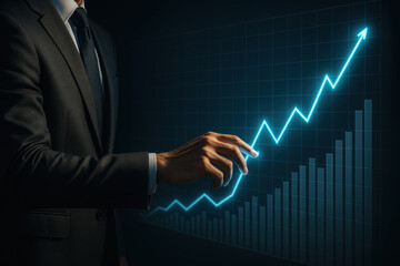 A businessman points at a rising graph on a digital screen, representing financial growth and success in a corporate environment.
