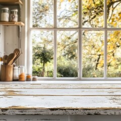 Rustic kitchen interior with white wooden table surface and blurred autumn window view for product display or background