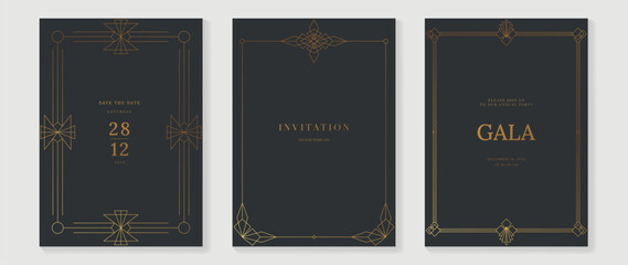 Luxury wedding invitation card background vector. Elegant classic antique design, gold lines gradient on gray background. Premium design illustration for gala card, grand opening, art deco.