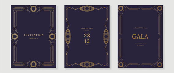 Luxury wedding invitation card background vector. Elegant classic antique design, gold lines gradient on purple background. Premium design illustration for gala card, grand opening, art deco.