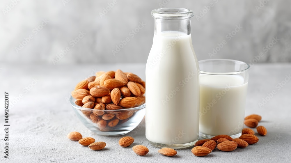 Poster glass of milk and a bowl of almonds are placed on a table. the almonds are spread out around the gla