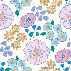 Abstract artistic florals seamless pattern background vector. Colorful botanical wallpaper with flower, foliage. Design for prints, cover, fabric, packaging, wall art, home decor. 