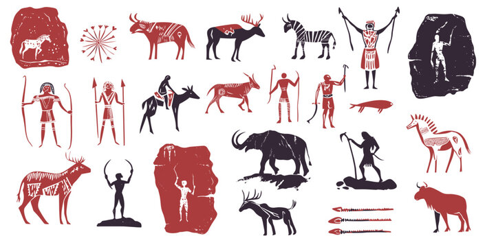 Cave painting. Ancient wall drawing animals prehistoric tribe caveman humans spear silhouettes, archaeology set vector illustration