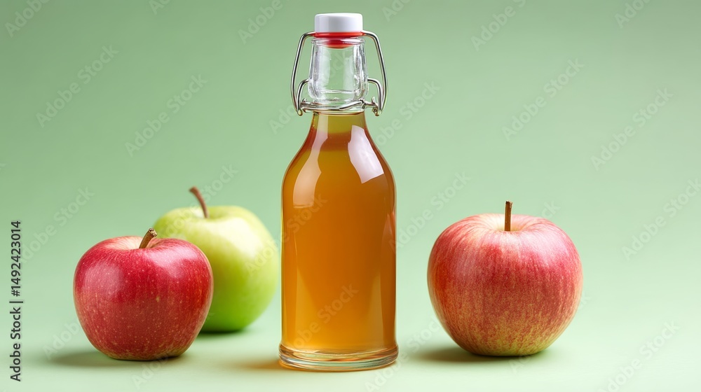 Poster bottle of apple cider sits on a table next to two apples. the bottle is clear and has a white cap. t