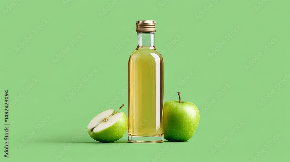 Poster bottle of apple cider sits on a green background with a sliced apple on the left and another apple o