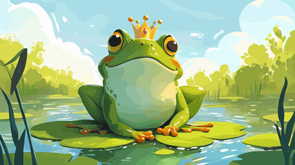 Frog prince. Cartoon green fairy tale amphibian character toad with golden crown sitting in pond vector illustration