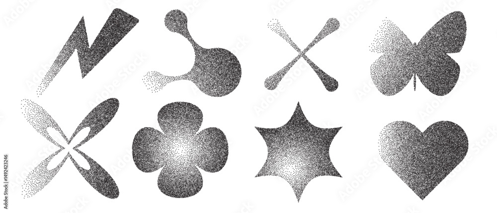 Poster geometric figures with grain noise gradient texture. y2k retro stippling forms set. butterfly, star,