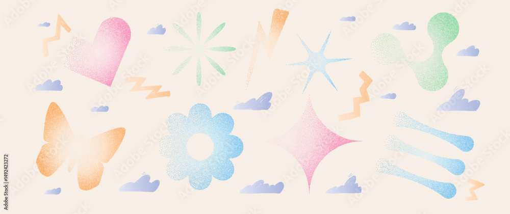 Poster geometric figures with grain noise gradient. y2k retro stippling forms set. butterfly, heart and sta