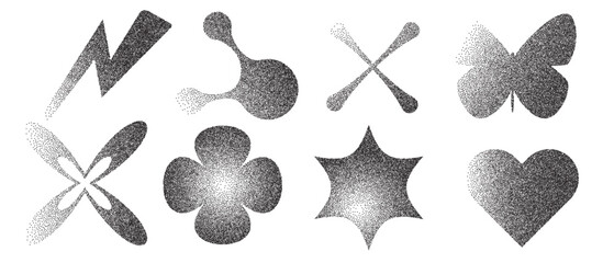 Geometric figures with grain noise gradient texture. Y2k retro stippling forms set. Butterfly, star, molecule and flower icons on white background. Vector gritty monochrome shapes illustration.