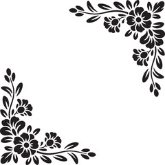 black floral corner ornament design bold flower shapes curved leaves swirls l shape clean white background vector illustration