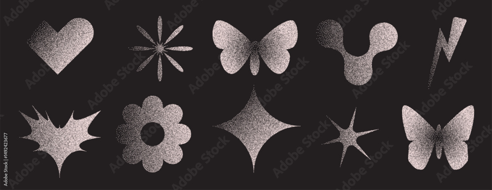 Poster geometric figures with grain noise gradient. y2k retro stippling forms set. butterfly, heart and sta