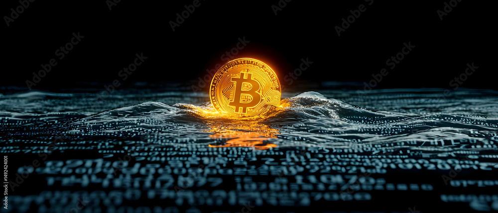 Poster abstract glowing bitcoin symbol over digital code